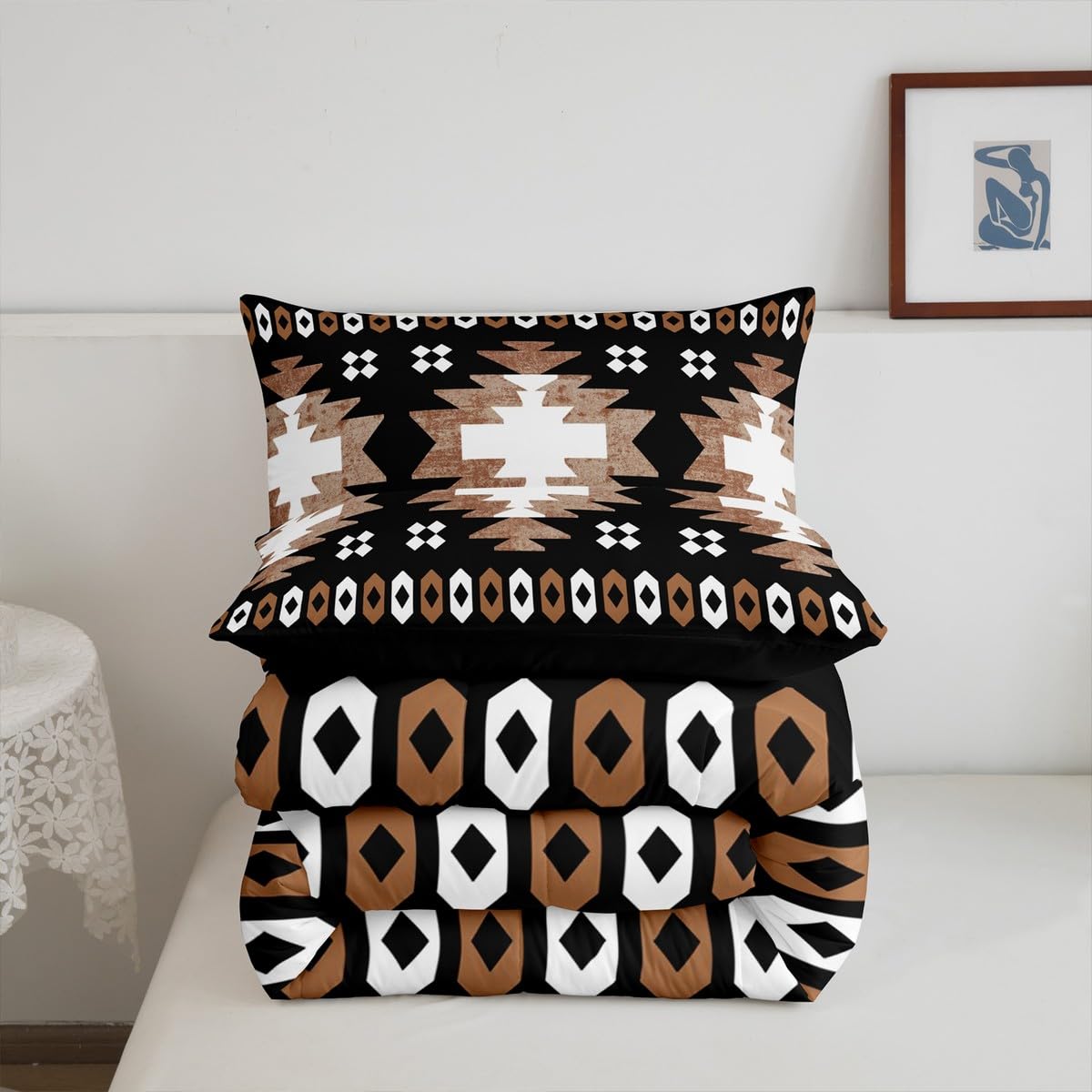 Feelyou Boho Comforter Set King Size Southwest Native American Design Comforter Southwestern Geometric Bedding Set Western Decor Duvet Set Room Decor Brown Balck Quilt Set