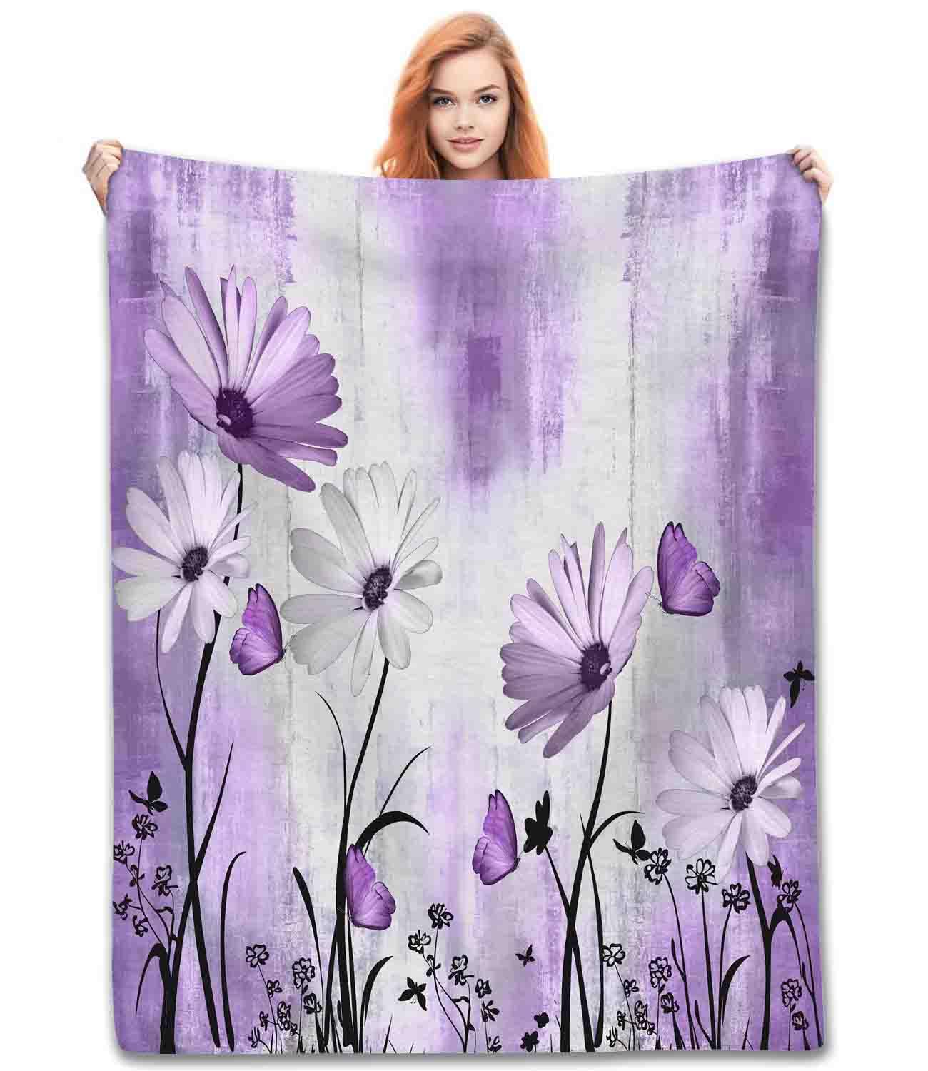 TKUYO Purple White Daisy Blanket, Farmhouse Modern Flower Retro Floral Rural Country Style Seasonal Fleece Fuzzy Fannel Throw Blankets for Sofa Bed Chair Couch Bedroom Living Room Gifts, 30"x40" Inch
