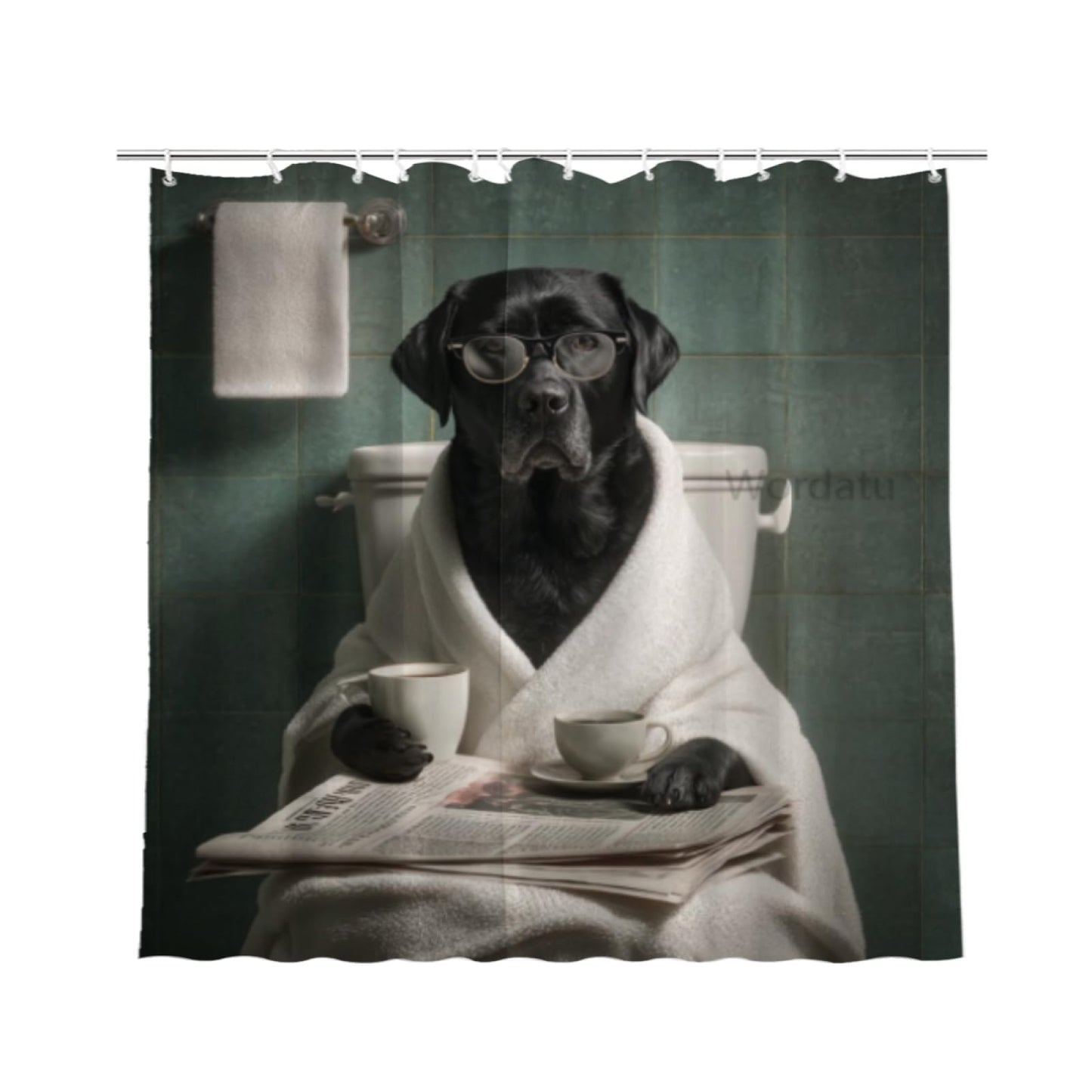 Wordatu Funny Black Labrador Dog Bathroom Curtain, Cute Dogs Reading Newspaper on Toilet, Washable Cloth Kids Shower Curtain Set 72X72 Inches with 12 Hooks