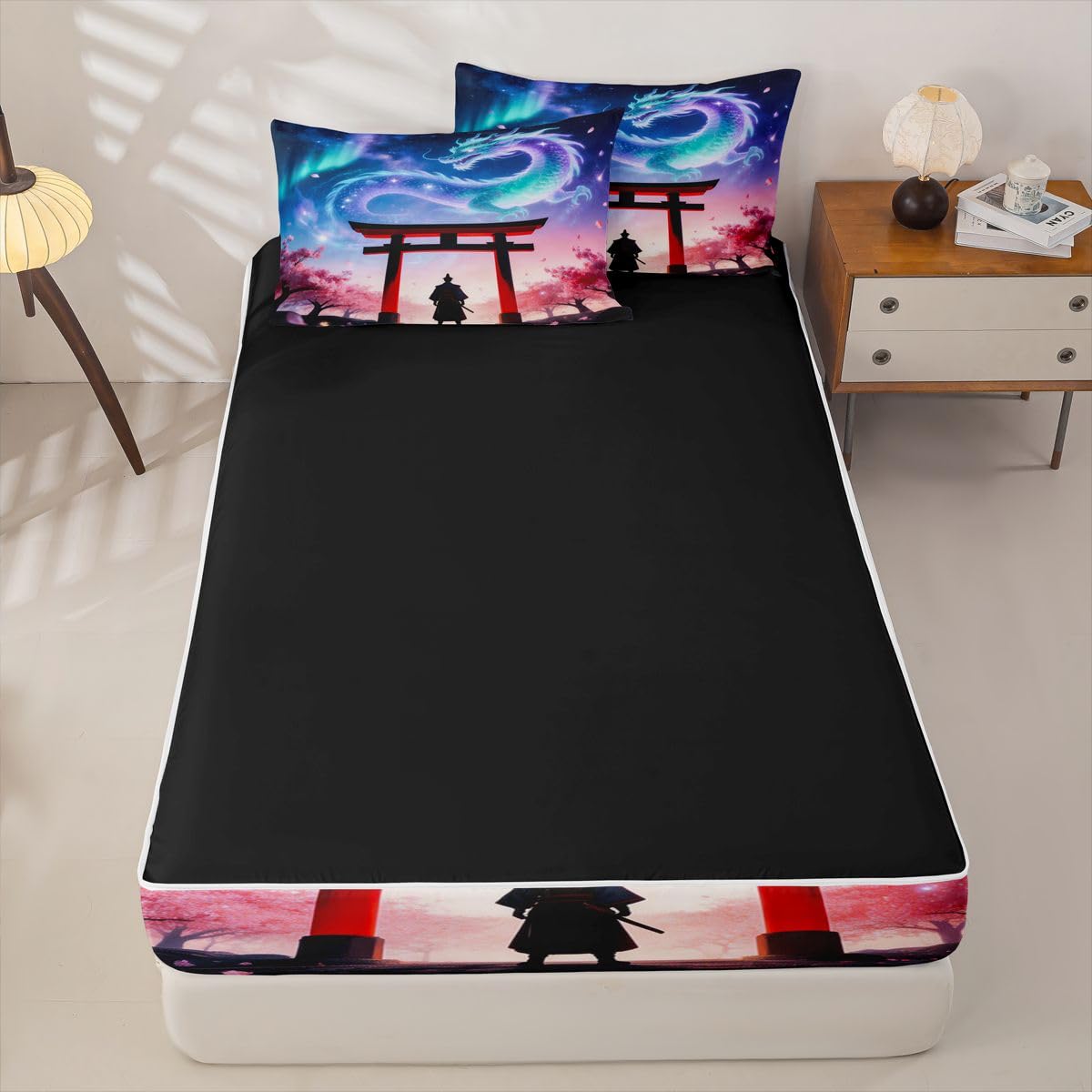 jejeloiu Dragon Twin Zipper Bedding Set Japanese Style Samurai Kids Comforter Set with Fitted Sheet and 2 Pillowcases Outer Space Galaxy Bed in a Bag Romantic Exotic Zip Up Bedding Soft Microfiber