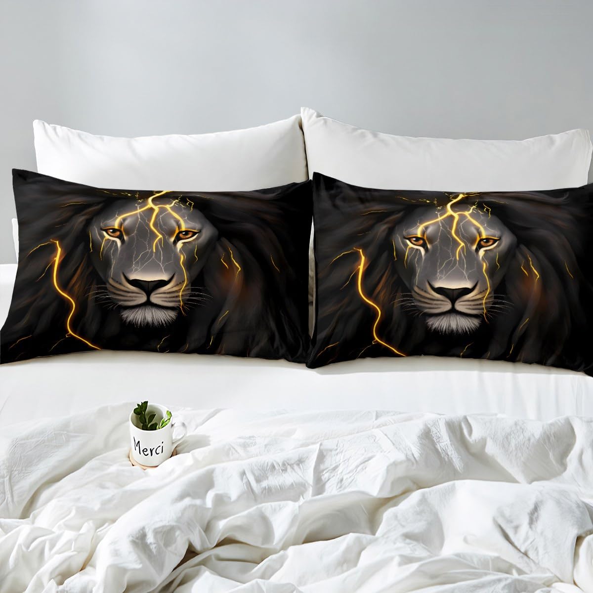 Erosebridal Lion Bed Sheet Set King Gold Lightning Lion Head Bed Sheets Black Grey Wildlife Bedding Sets for Kids Boys Teens Adults Men Wild Animal Fitted Sheet & Flat Sheet 2 Pillow Cases