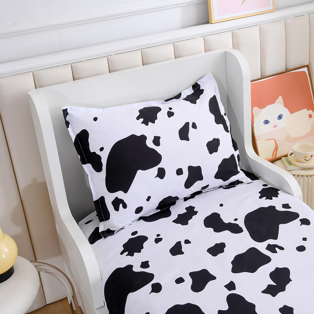 KWLOVER Cow Printed Bed Fitted Sheet and Pillowcases Set,White and Black Deep Pocket Fitted Sheet,Soft Kids Sheets for Twin Size Bed (White Cow, Twin)
