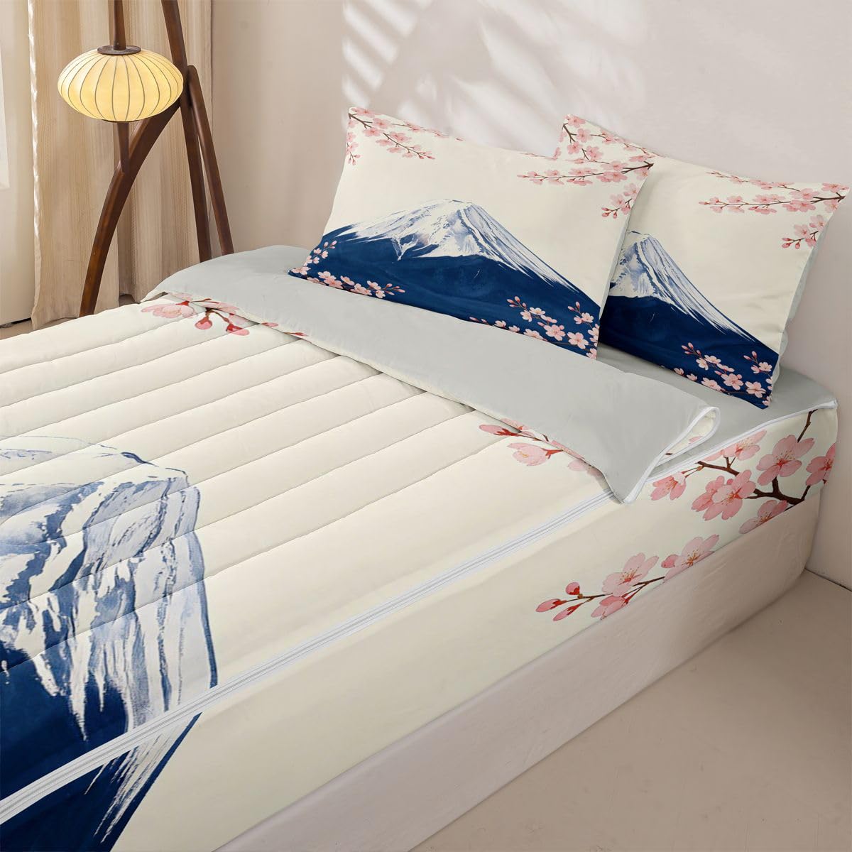Feelyou Japanese Zipper Bedding Full Cherry Blossom Zipper Bedding Sets for Kids Boys Girls Mount Fuji Japan Comforter Set with Fitted Sheet and 2 Pillowcases Bedroom Decor