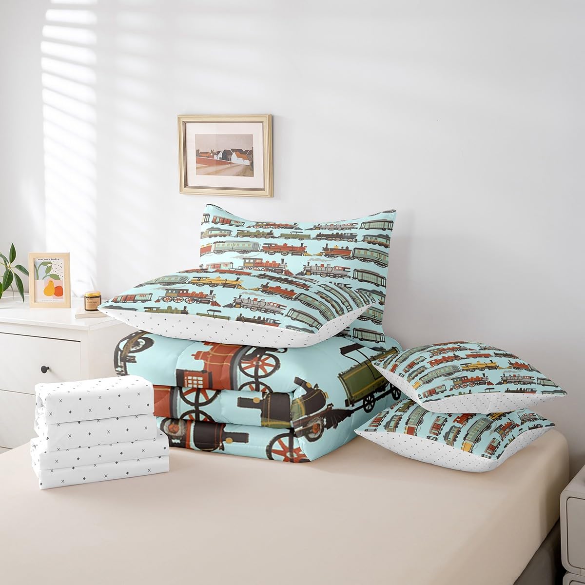 7 Pieces Twin Size Cartoon Train Comforter Set,Retro Steam Engine Train Bedding Set for Boys Girls,Railroad Track Transport Teal boho (Comforter+Fitted+Flat Sheet+2 Pillowcases+2 Throw Pillow Covers)