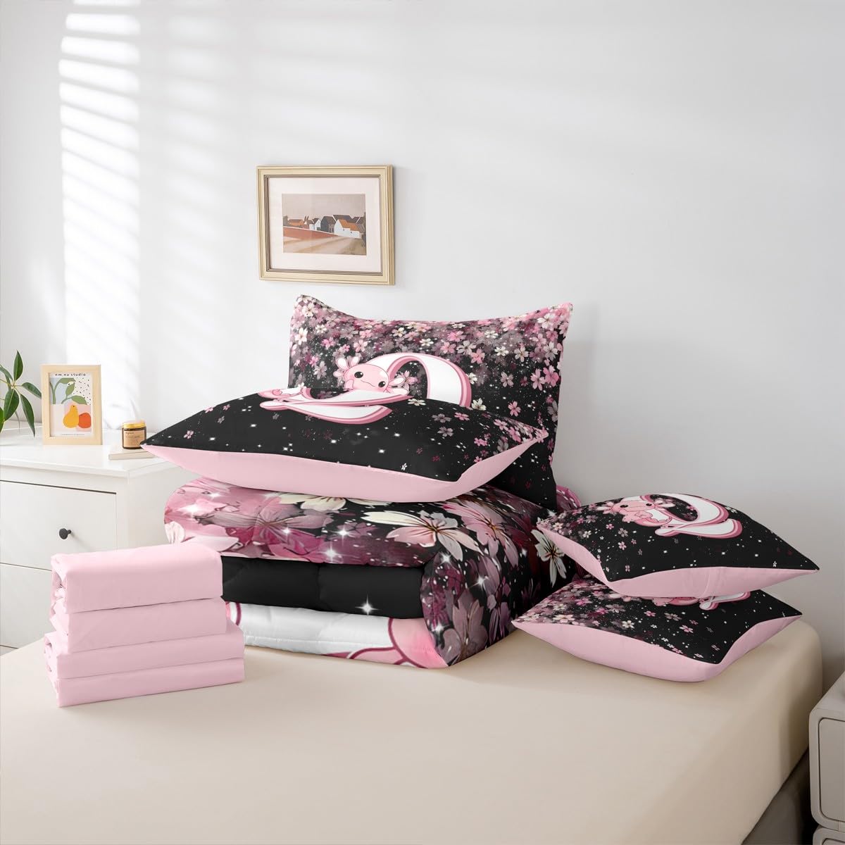 Erosebridal 7 Pieces Cute Letter Initial Q Bed in A Bag Twin Size | Cute Axolotl Comforter Set with Sheets for Kids Girls Teens Pink and White Cherry Blossom Bedding Set Kawaii Axolotl Quilt Sets