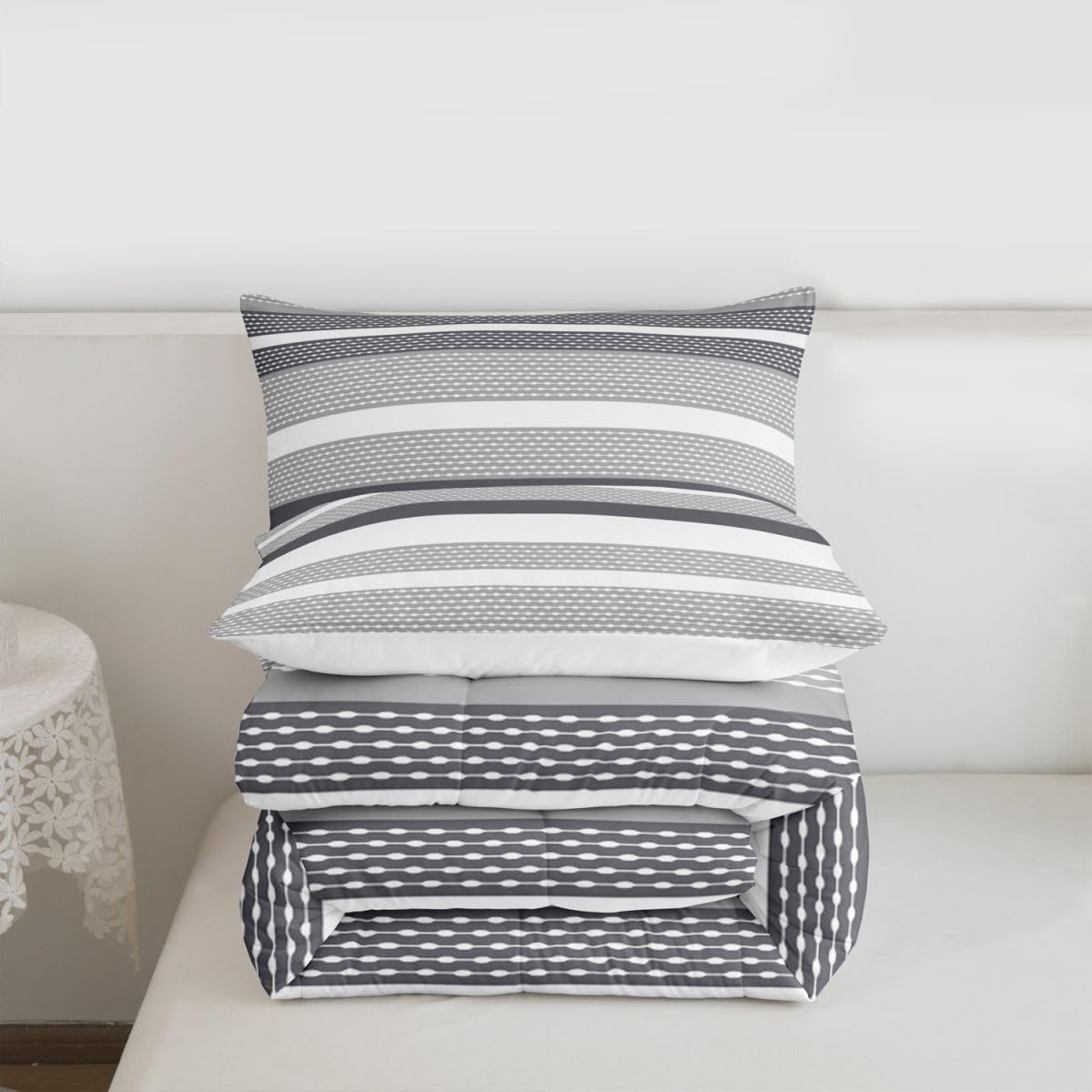 jejeloiu Black White Grey Stripes Bedding Set King Size Geometric Comforter Set for Kids Patchwork Striped Comforter Women Men Teens Ultra Soft Line Modern