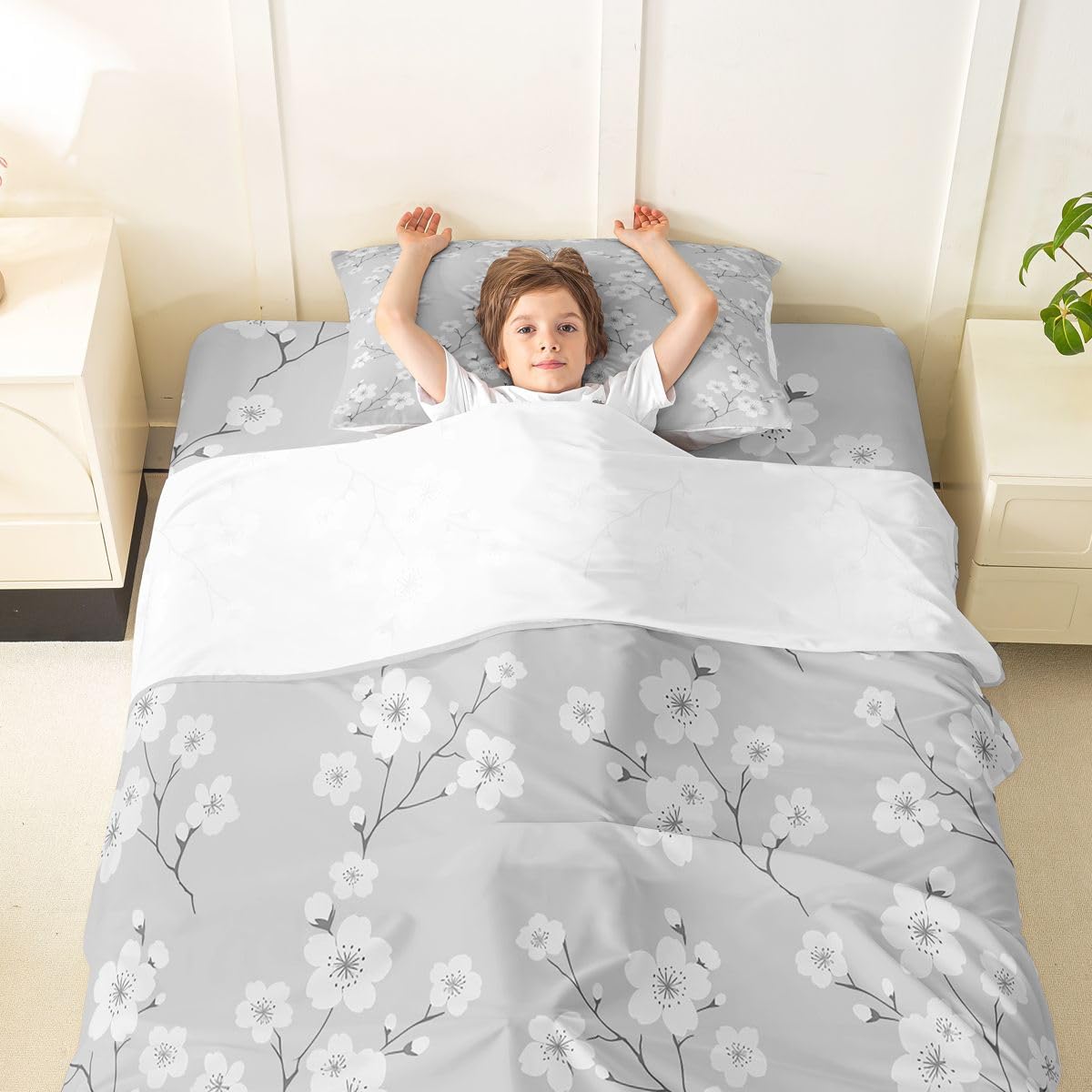 Erosebridal Plum Blossom Branch Bed Sheets Set Twin Rustic Farmhouse Cabin Sheet Set Grey White Botanical Sheets Floral Print Flat Fitted Sheet