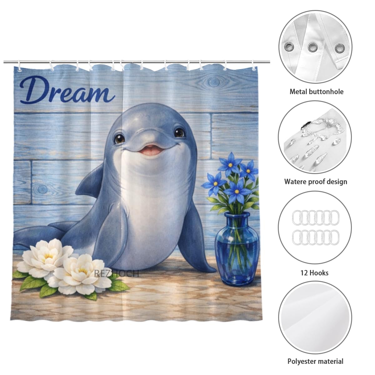 REZHOCH Cute Fun Dolphin Shower Curtain 72x72Inch,Blue Floral Dream Home Bathroom Decor,Animal Art Flower Waterproof Fabric Rustic Farmhouse Puppy Bath Tub Curtain with Hooks