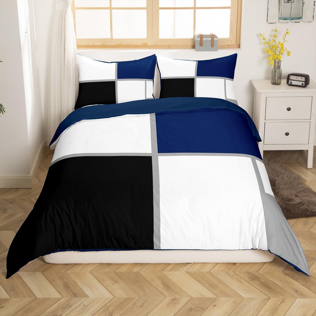 Erosebridal Geometric Duvet Cover Queen for Adults Teens,Black and White Abstract Comforter Cover,Navy Blue Striped Grid Bedding Set for Minimalist,Modern Patchwork Bed Set(No Comforter)