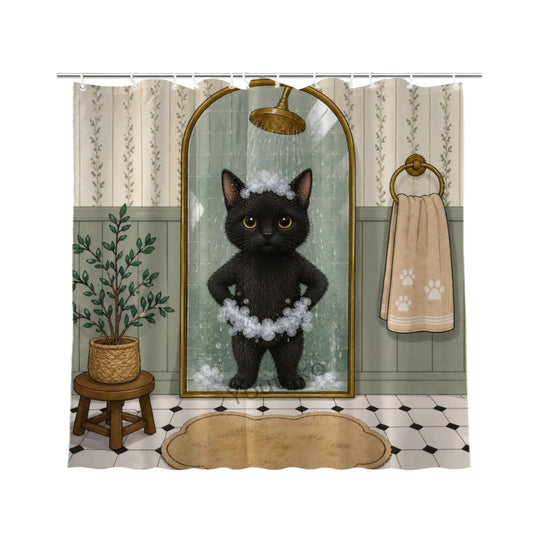 Youtoko Funny Black Cat Shower Curtain 72x72 with 12 Hooks Vintage Green Bathroom Tile Plant Paw Print Towel Pattern Waterproof Washable Polyester Bathroom Decor