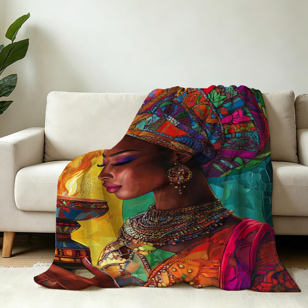 HUNXIAOJ African American Throw Blanket Black Girl Blanket African Gifts for Women Tribal Bedding Ethnic Decor Warm Soft Flannel for Sofa Couch (49in x 59in)