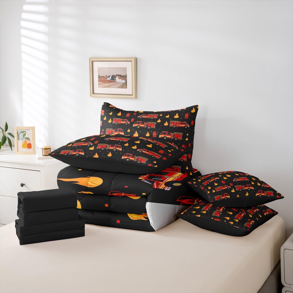 Erosebridal Fire Truck 7-Piece Bedding Set Twin for Boys, Cartoon Red Firemen Car Comforter Set with Sheets for Firefighter Room Decor, Black and Red Bed in A Bag, Fire Engine Bed Sets