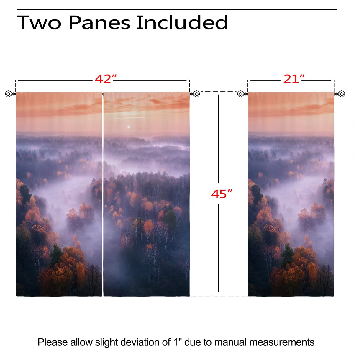 Autumn Forest Blackout Curtains for Girls Boy Home Decor, Rustic Nature Misty Foggy Red Woodland Grommet Thermal Insulated Drapes Darkening Window Curtain for Bedroom Living Room, 42 x 45 Inch