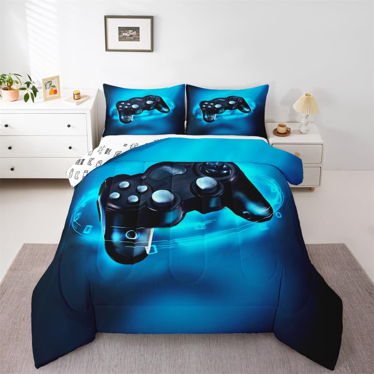 Feelyou Gamer Comforter Sets for Boys Twin Bedding Set for Boys Kids Gaming Comforter Gamer Room Decor Blue Video Game Bed Set Teens Bedroom Gamepad Duvet Set All Season 1 Comforter with 1 Pillow Case