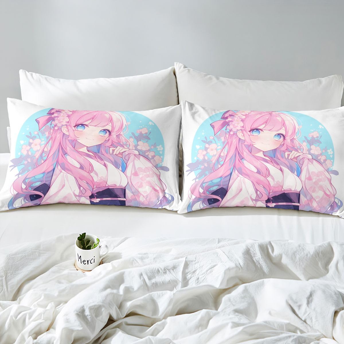 Erosebridal Girls Bed Sheets Set Japanese Style Sheet Set Twin, 3D Anime Girl Sheets Cartoon Kawaii Kimono Girl Top Fitted Sheet Romantic Gifts for Her (1 Top Sheet 1 Fitted Sheet 1 Pillow Case)