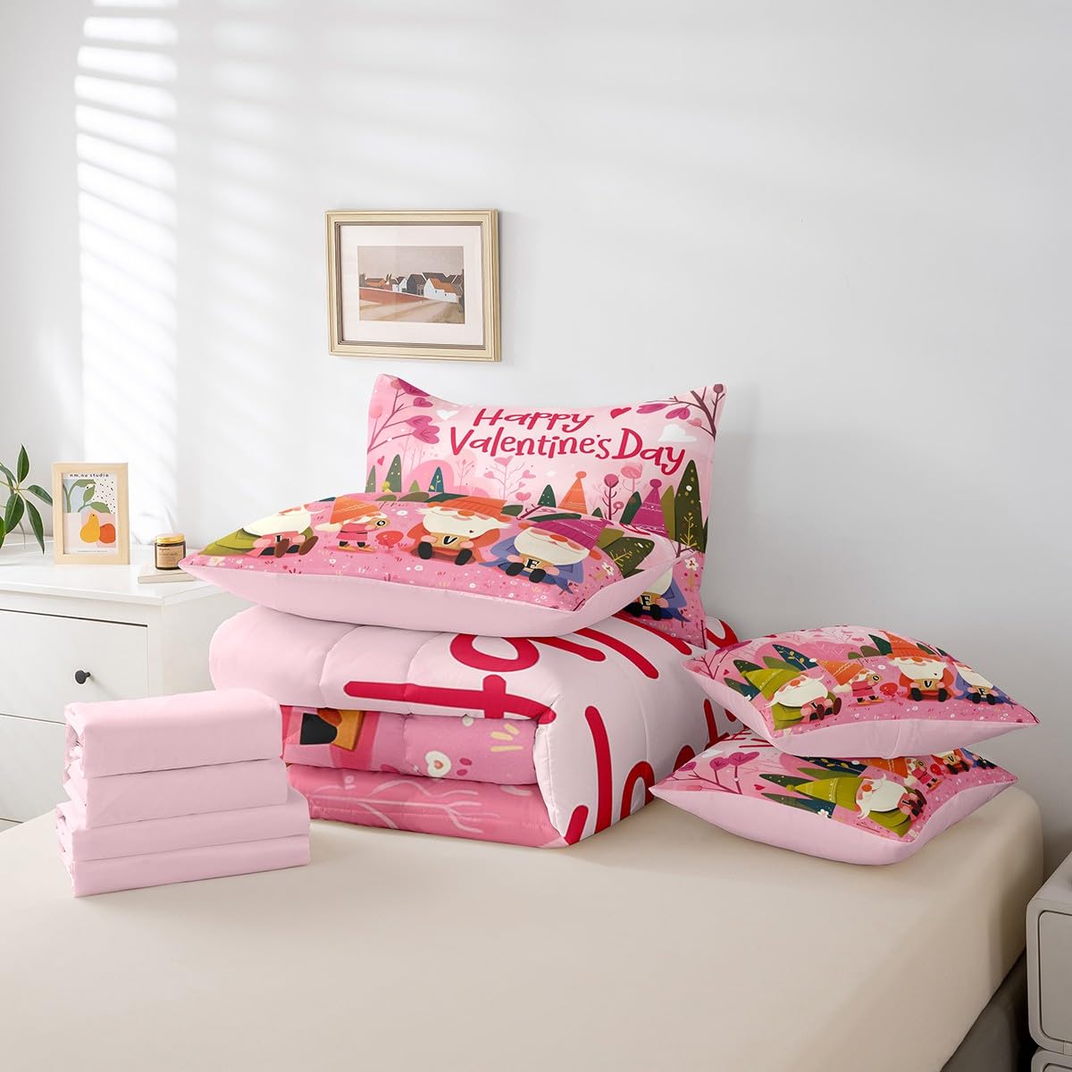 Erosebridal Happy Valentines Day Gnomes Queen 7 Piece Bedding Set - Cute Gnome Kids Comforter Sets with Sheets for Girls Boys, Romantic Pink Love Heart Print Bed in a Bag with Fitted + Flat Sheet