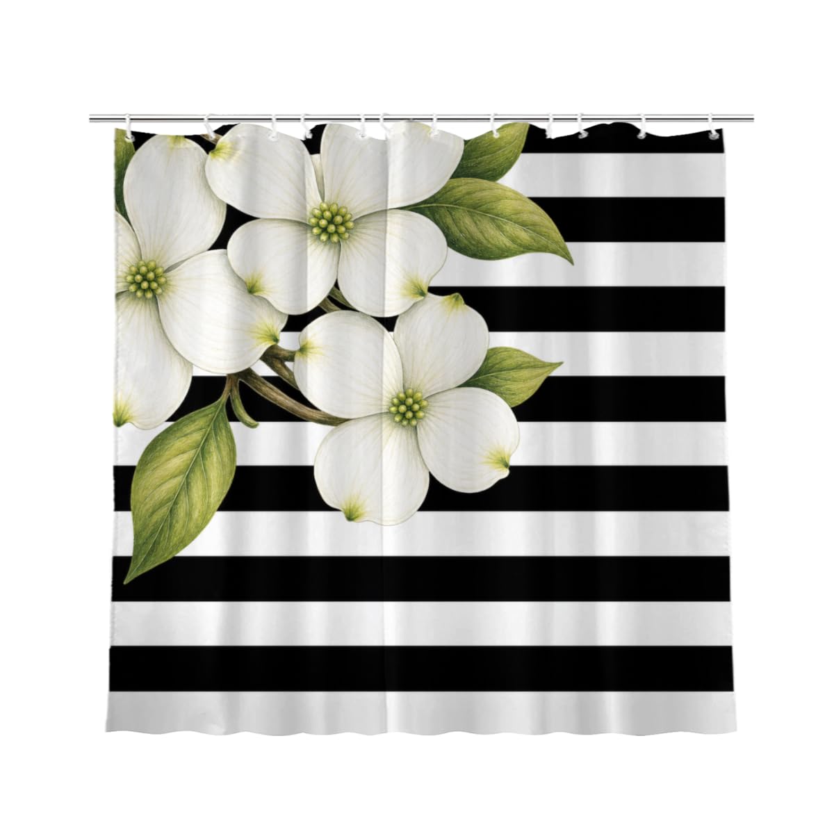 TopPacific White Blossom Stripe Shower Curtain 72x72 Inch Shower Curtain with 12 Hooks Polyester White Blossoms Green Leaves Black White Stripes Bathroom Decor