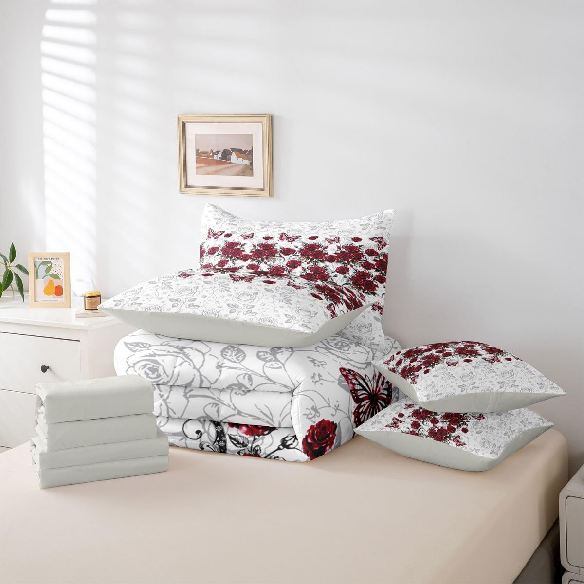 Feelyou Red Rose 7 Piece Bedding Set Floral Flower Comforter Set with Sheets for Kids Boys Girls Jacquard Damask Bed in a Bag Butterfly Print Bed Set Soft Lightweight