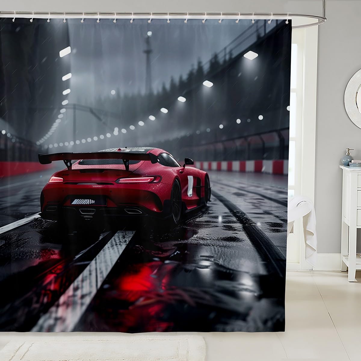 Feelyou Race Car Shower Curtain 72"x78" Speed Sports Car Bath Curtain Waterproof Extreme Sports Bathroom Shower Curtain Set for Kids Boys Girls Cool Modern Kids Bathroom Accessories