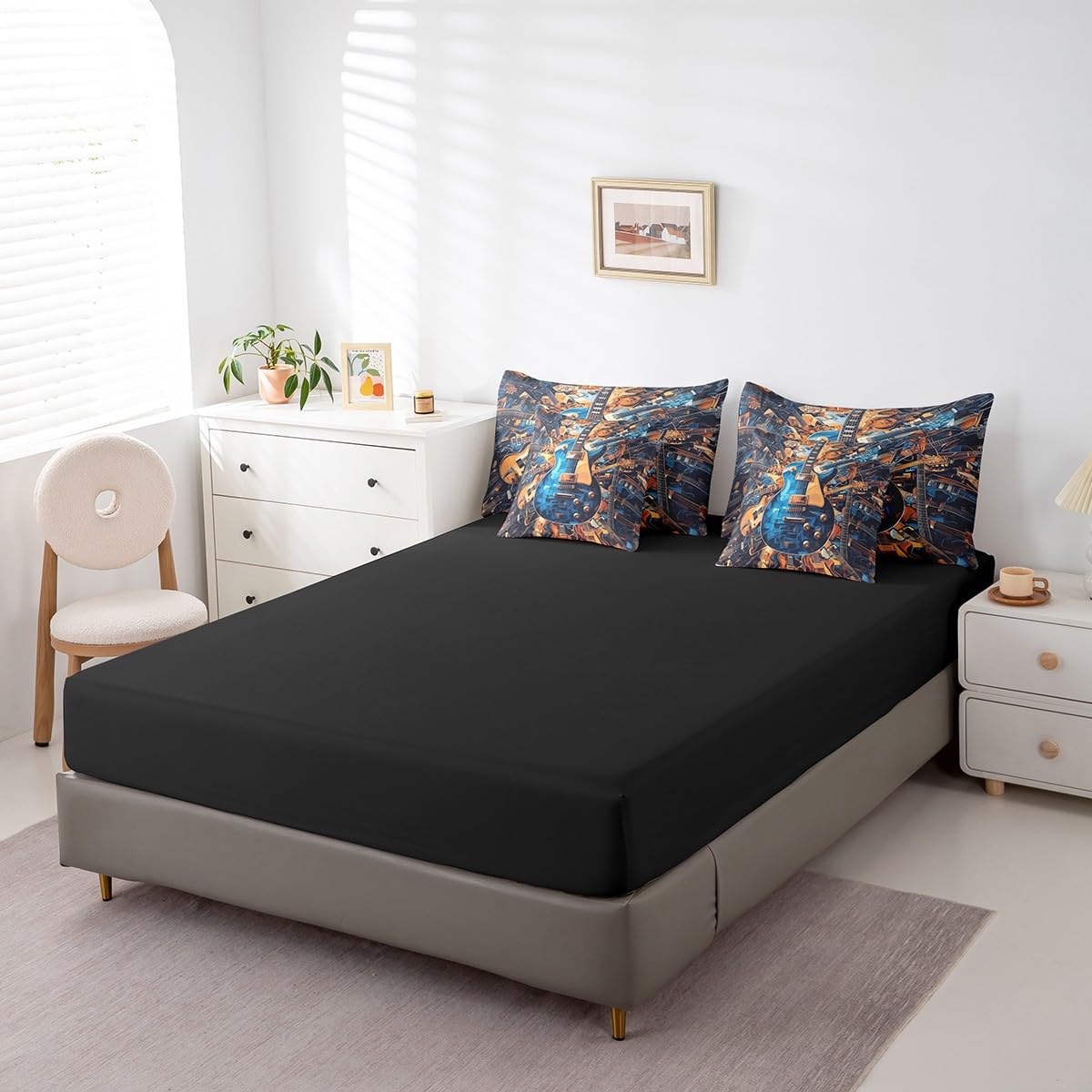 Feelyou Guitar Comforter Set with Sheets Queen Size Rock Music Bed in a Bag for Boys Girls Teens Blue Brown 7 Pieces Bedding Set Soft Lightweight Microfiber