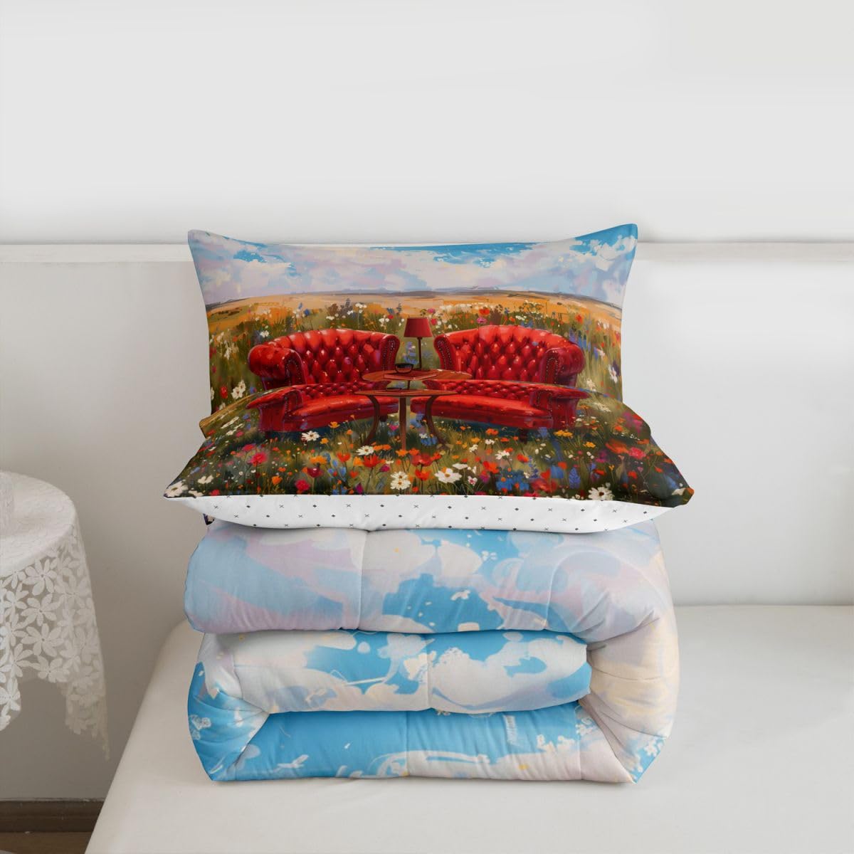 jejeloiu Flower Field Comforter Set Toddler Size French Country Bedding Set for Kids Boys Girls Floral Duvet Quilt Bedroom Decor Microfiber 2 Pcs with 1 Pillow Cases
