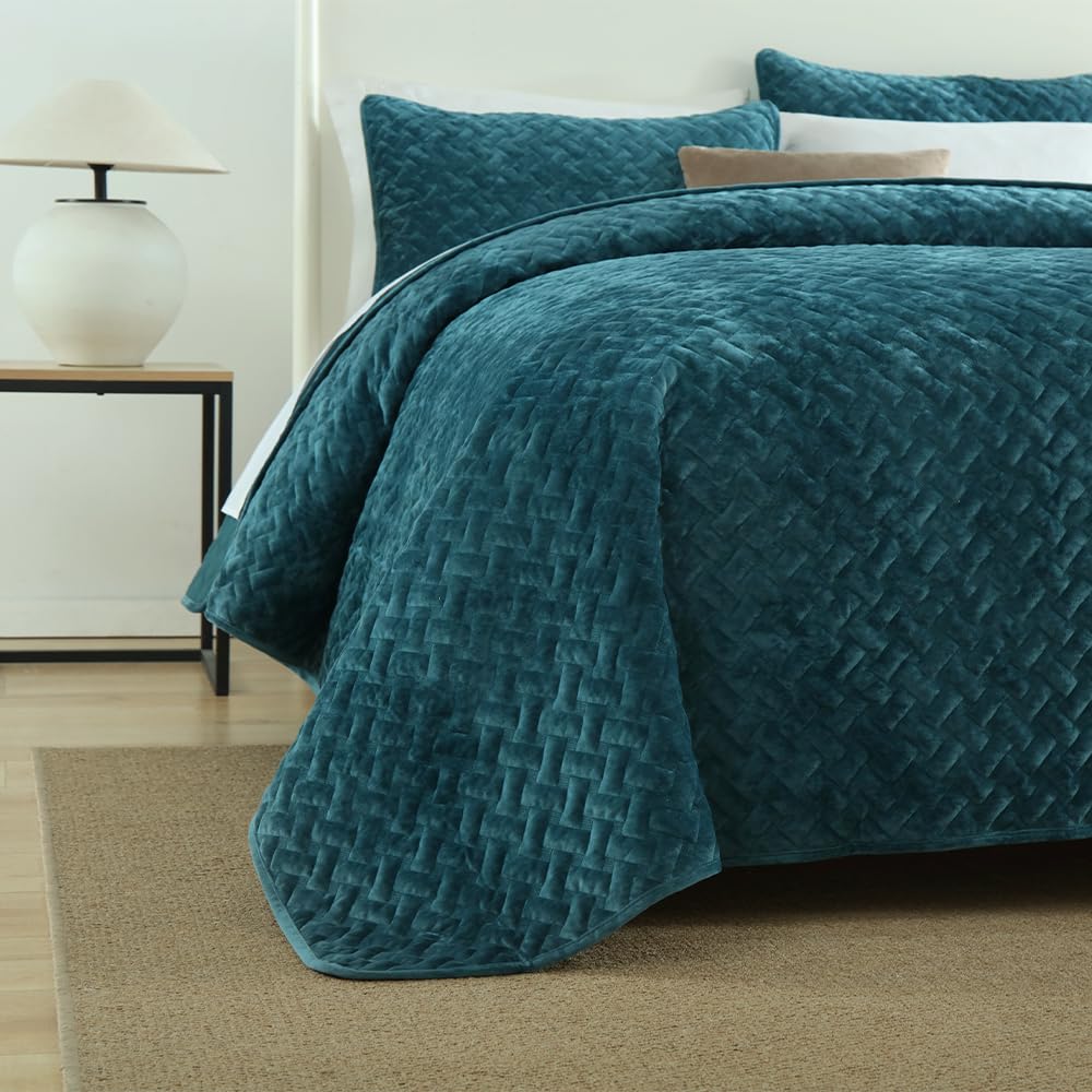 Liians Velvet Bedspread Quilt Bedding Sets,Luxury Elegant Ultra Soft Velvet Comforters Coverlet Blankets,Weave Stitching Pattern Cotton Quilted Bedspread for All Seasons,Teal,King Size