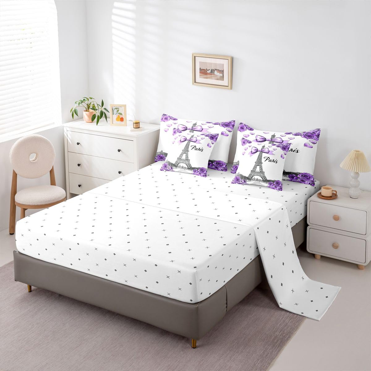 Erosebridal Bow Decor 7 Piece Bedding Set Twin Size Eiffel Tower Bed in A Bag for Kids Girls Rose Floral Comforter with Sheets Preppy Princess Bed Sets