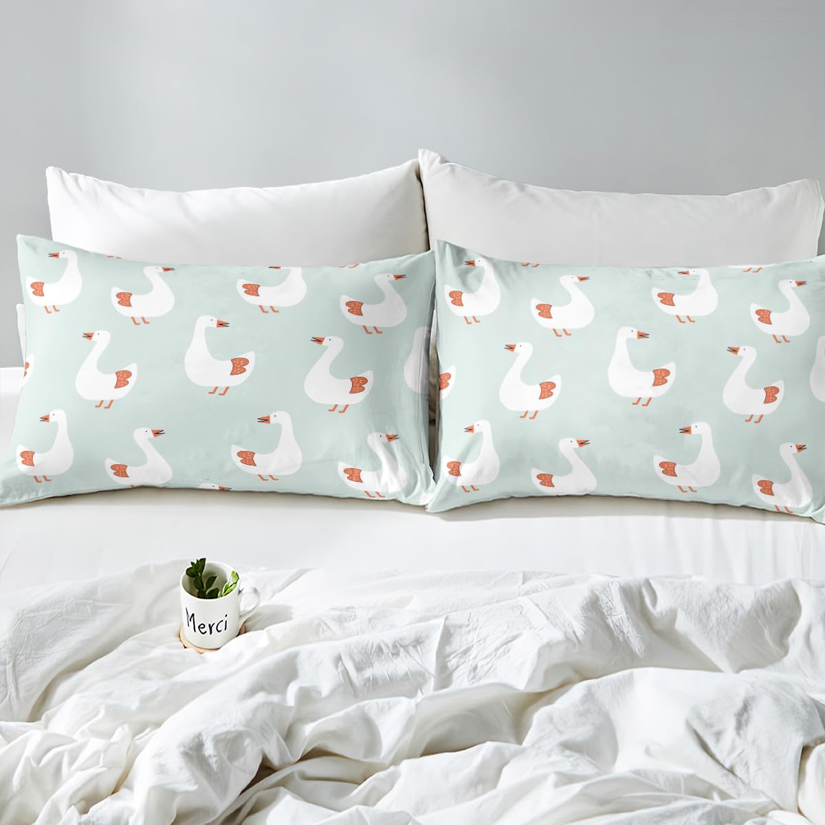 Erosebridal Cute Goose Sheet Set for Kids Child,Cartoon Hand Drawn Goose Pattern Bed Sheets Full,Farm Style Duck Animal Bedding Set,Country Wildlife Fitted Sheet + Top Sheet + 2 Pillowcases