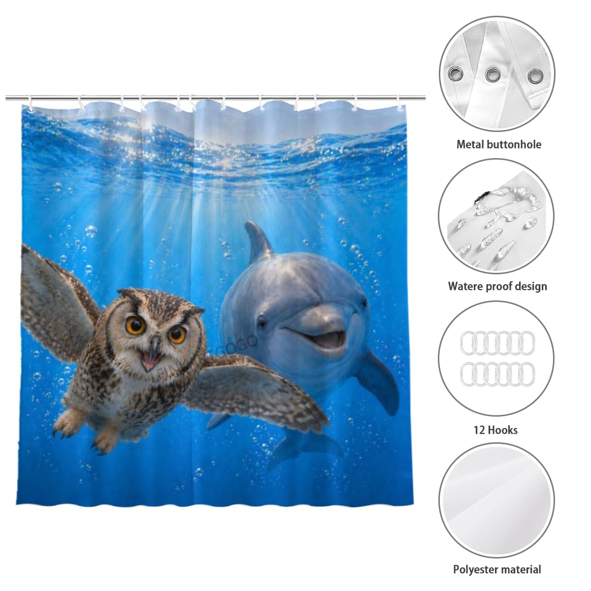 LFINKARTGOGO Ocean Owl Shower Curtain 72x72 with 12 Hooks Underwater Animal Dolphin Waterproof Washable Polyester Bath Curtain for Home Hotel Decor