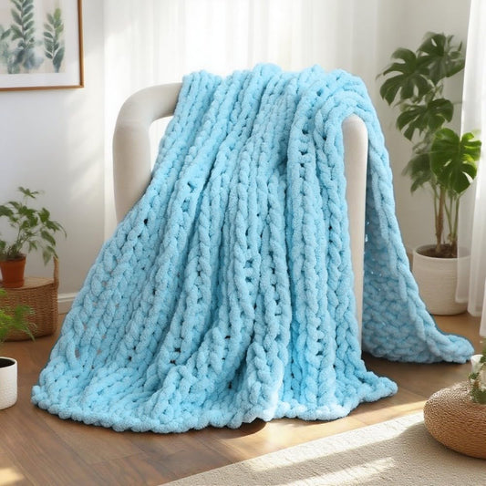 QIFONIX Handmade Chunky Knit Blanket, Cosy Chenille Throw (Blue, Throw (50" x 60"))