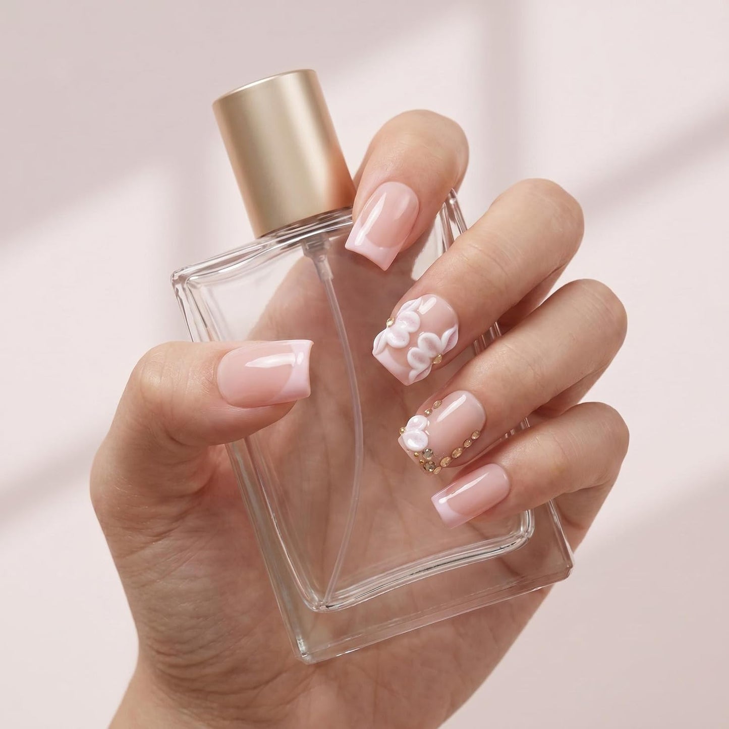 EasierGlow 10Pcs Handmade Short Square Press On Nails | Easy Apply & Remove, Reusable Salon Quality Nails | Nude Press Ons with Gold French Tips & 3D Floral Accents (Y208, S)