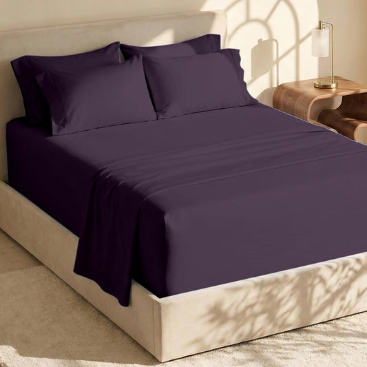 Hearth & Harbor Extra Deep Pocket Queen Sheets Sets - Fits Mattress 18-24 Inches Deep - Extra Deep Pocket Sheets - 6 Piece Queen Size - Eggplant
