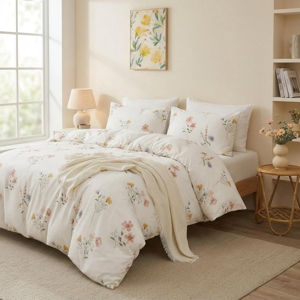 Cozaline 100% Cotton Duvet Cover Set Queen – Pink Watercolor Wildflower Meadow Bedding Set 3 Pieces, Lightweight Ultra Soft Comforter Cover with Zipper Closure, Soft Pastel Botanical Bed Set