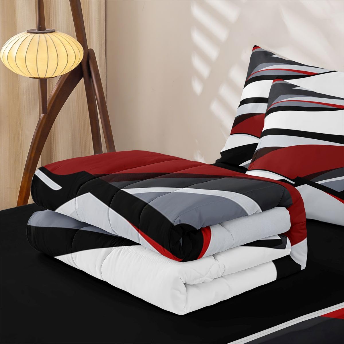 Abstract Geometric Striped Zip Up Bedding Set Full Watercolor Graffiti Geometric Comforter Set With Sheets Red Black Grey White Bed In A Bag,Brush Strokes Graffiti bed sets With 2 Pillowcases