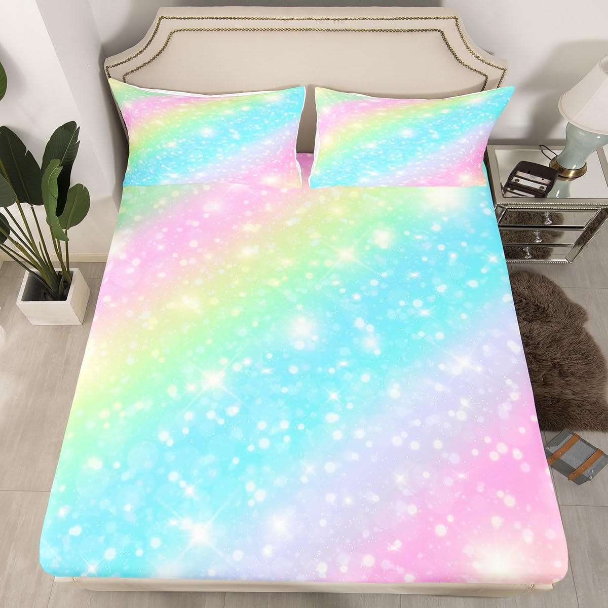 Erosebridal Rainbow Bedding Sets for Girls Kids Teens Tie Dye Pastel Bed Sheet Set King Size Golden Glitter Girly Sweet Sheet Set Abstract Watercolor Art Fitted Sheet + Flat Sheet + 2 Pillow Cases