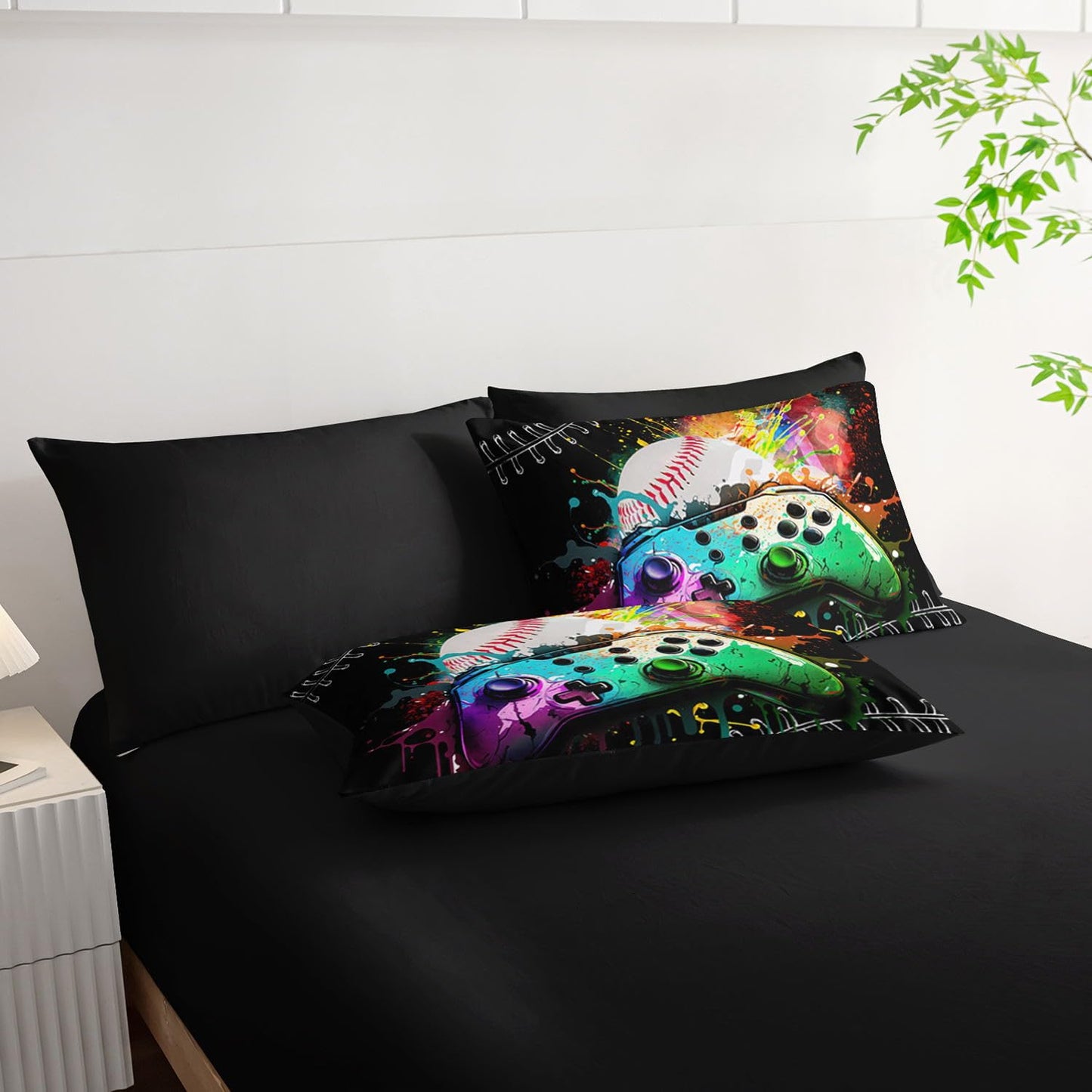 Smell Sunshine 7Pcs Comforter Set Gamepad Baseball Printed Bedding Set with 1 Comforter, 1 Flat Sheet, 1 Fitted Sheet and 4 Pillowcases for Boys and Girls Bedroom (Gamepad-3 Twin