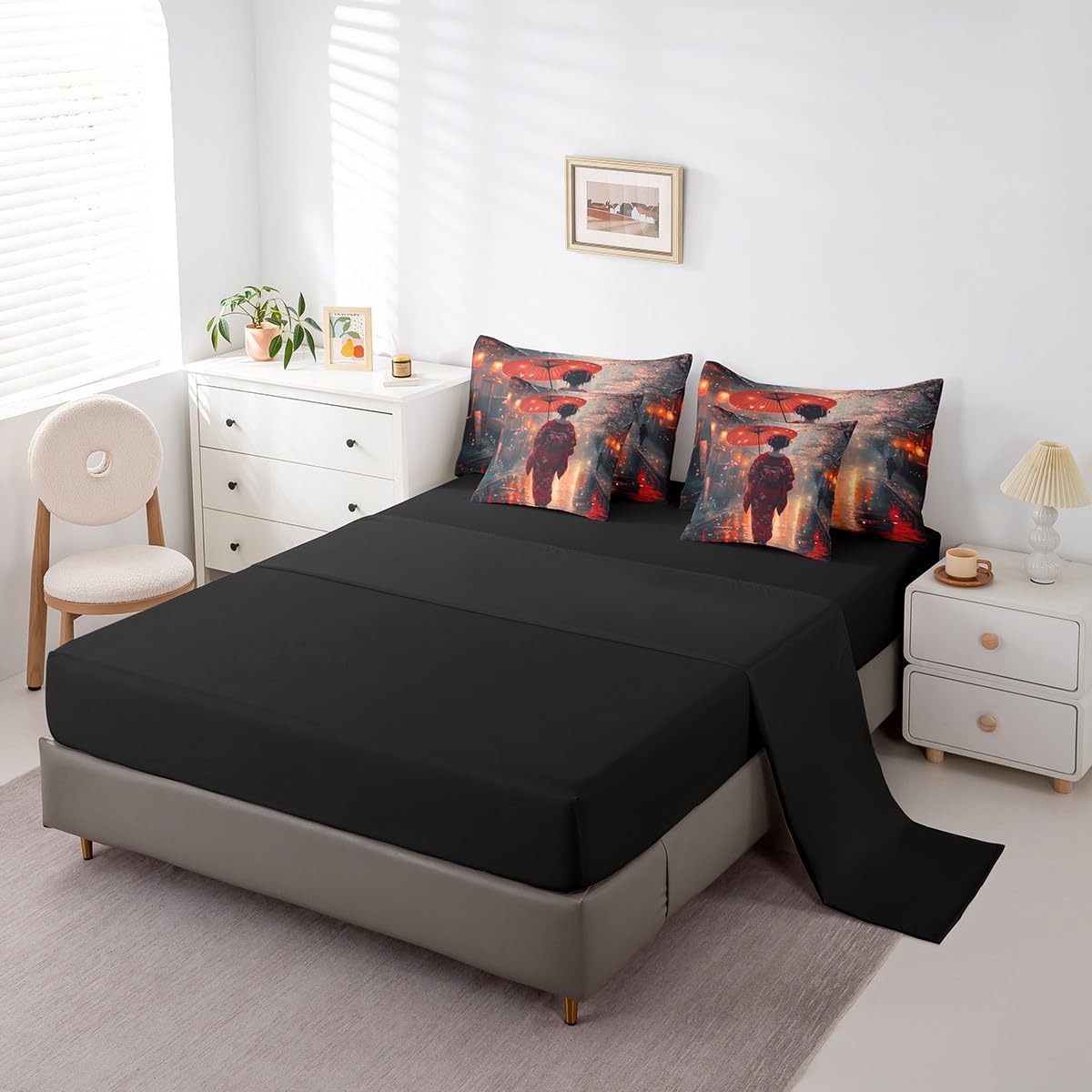 Erosebridal Japanese Comforter Set Twin,Cherry Blossom Bedding Set 7Pcs for Kids Teens Adults,Aesthetic Watercolor Quilt,Ancient Style Bed in a Bag