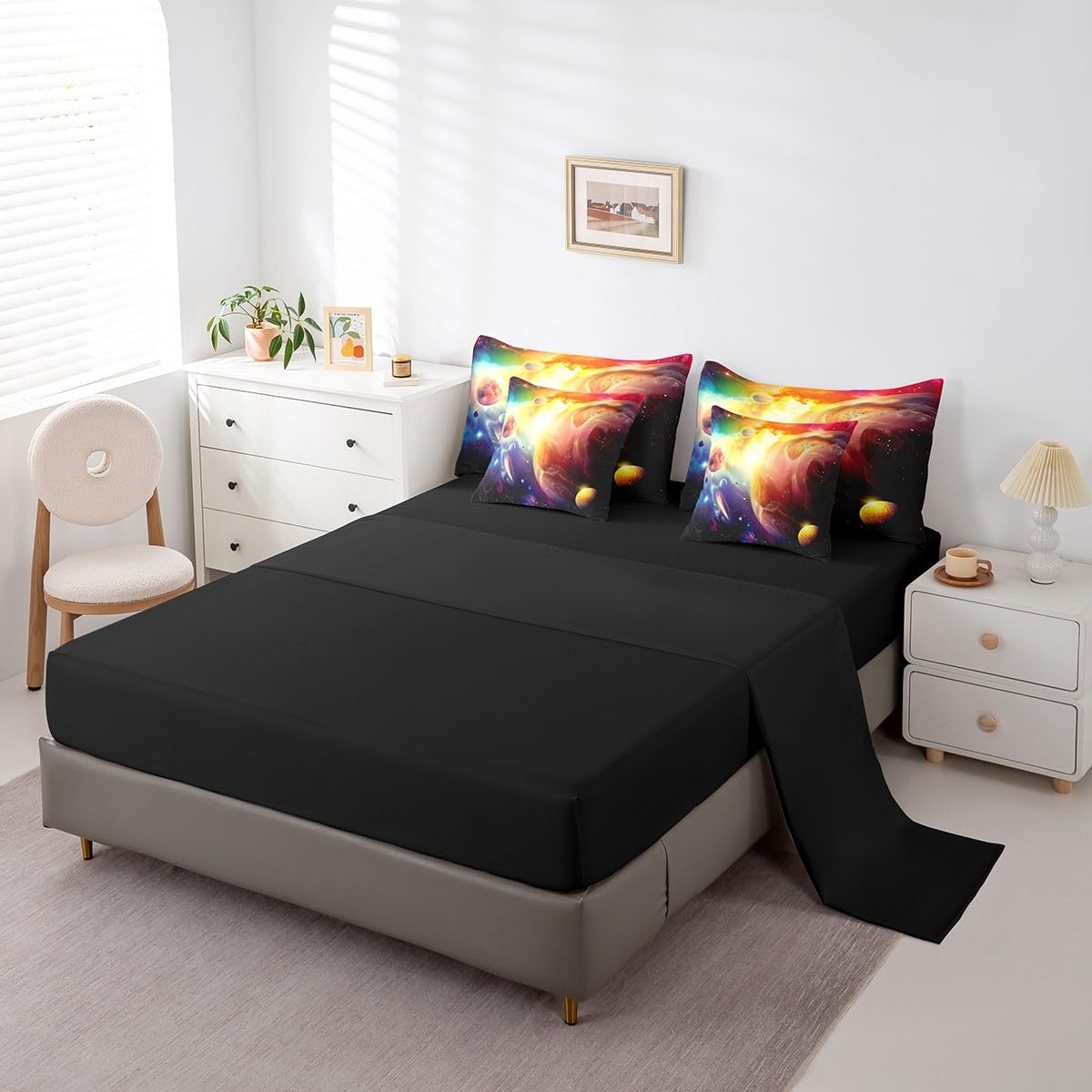Erosebridal Outer Space Comforter Set for Kids Boys Girls 7 Piece Twin Purple Galaxy Quilt with Flat Fitted Sheet 3D Universe Planet Bed in A Bag Solar System Theme Bedding Sets