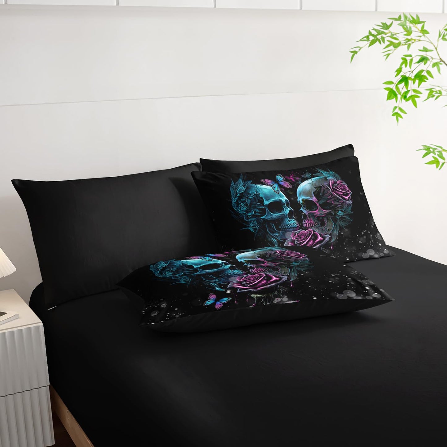 Tuzaovy Black Skull Comforter Set 7 Piece Queen Size Bed in A Bag,Goth Bedding for Room Decor,Soft Western Comforter Boho Hippie Bedding with Fitted Sheet,Flat Sheet, Pillowcases & Shams