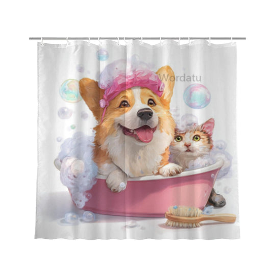 Wordatu Funny Corgi Shower Curtain Decor Fabric Bathroom Curtains, Kids Children Cartoon Waterproof 72x72 inch with 12 Hooks