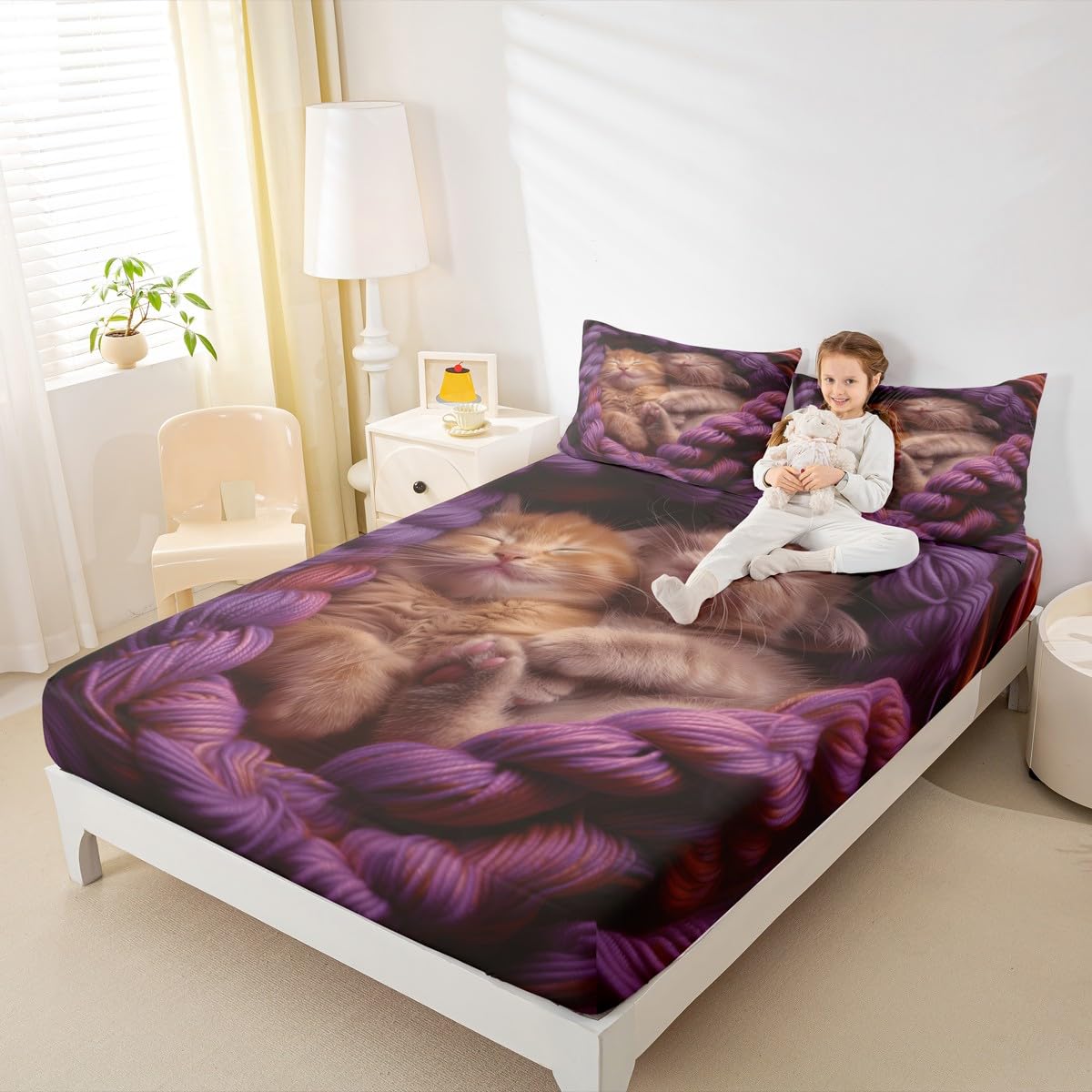 jejeloiu Cats Print Fitted Sheet with 1 Pillowcase Twin Size Animal Bed Sheets Set 16" Deep Pocket Boys Girls Purple Bedding Cute Kitten Teens Bedroom Decor Breathable Lightweight Microfiber