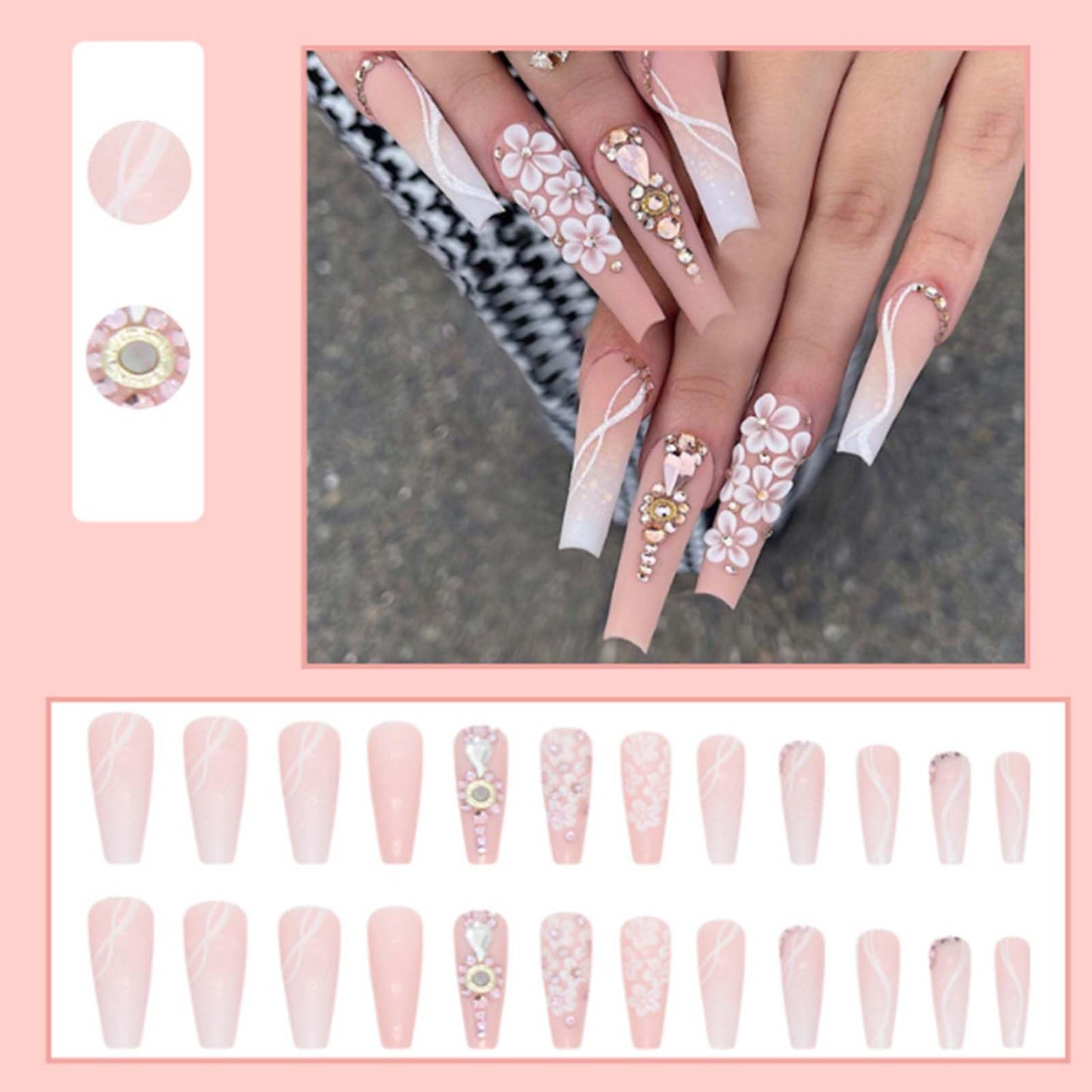 Gifiky Long Coffin False Nails Gradient Press on Nails Daisy Nails Tips Acrylic Crystal Gem Design Fake Nails for Women and Girls 24Pcs