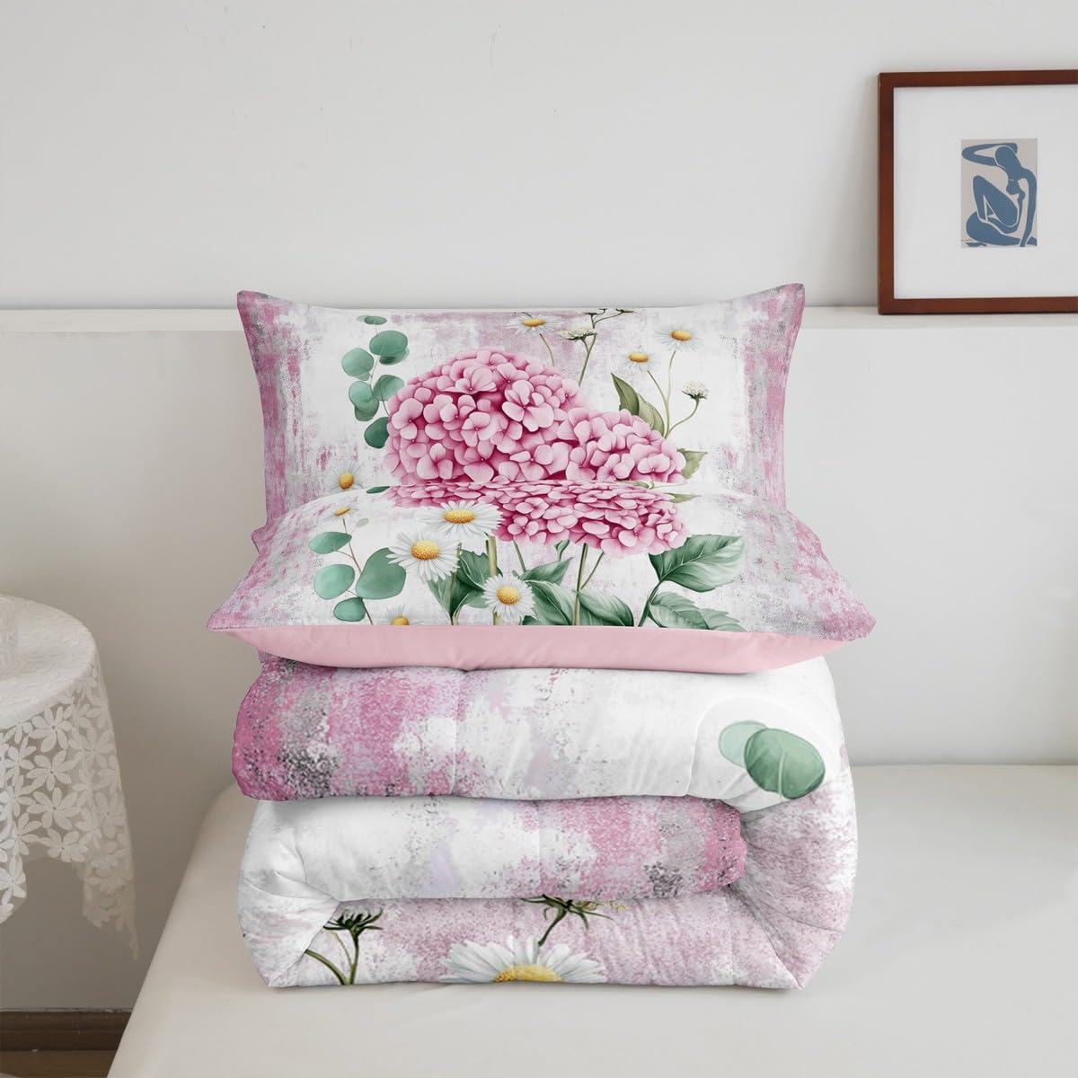 Erosebridal Watercolor Flowers Queen Comforter Set Abstract Oil Painting Hydrangea Bedding Set Rustic Farmhouse Bed Set Ombre Pink Green White Quilt Set