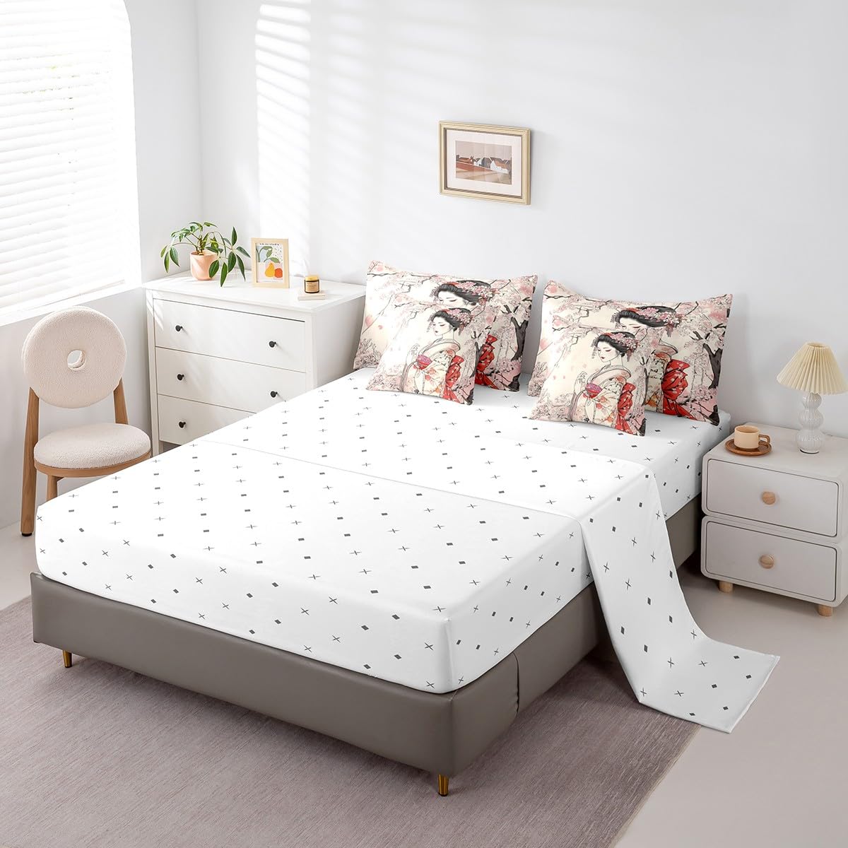 Feelyou Kids Japanese Geisha Comforter Set Twin Size 7 Pieces Cherry Blossoms Bedding Set Japanese Style Japanese Tradition Aesthetic Bed in a Bag with Comforter, Sheets, Pillowcases & Cushion Cover