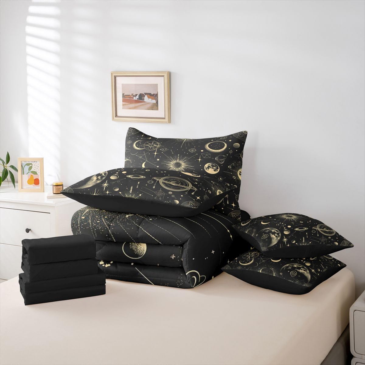 Erosebridal Galaxy 7 Piece Bedding Set Queen Sun Moon Comforter Set with Sheets Starry Sky Bed in A Bag Grunge Style Bed Sets with 2 Pillowcases, 2 Throw Pillow Covers