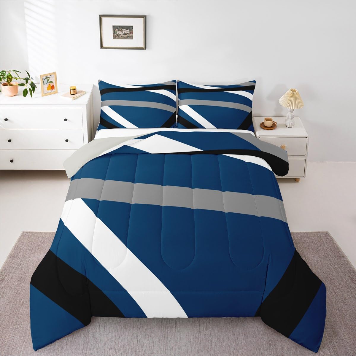 Erosebridal Blue Gray Black Striped Queen Comforter Set for Adult Women Men Modern Abstract Bedding Set Geometric Lines Bed Set Aesthetic Boho Quilt Set