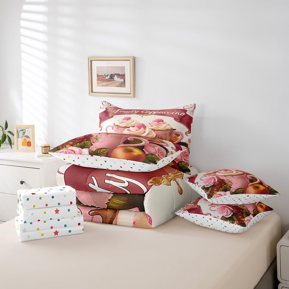 Erosebridal Fruity Cappuccino Comforter Set Full Size,Yummy Coffee Bedding Set for Kids Teens,Oil Painting Fruit (Comforter+Fitted+Flat Sheet+2 Pillowcases+2 Throw Pillow Covers) 7 Pieces Bed Set