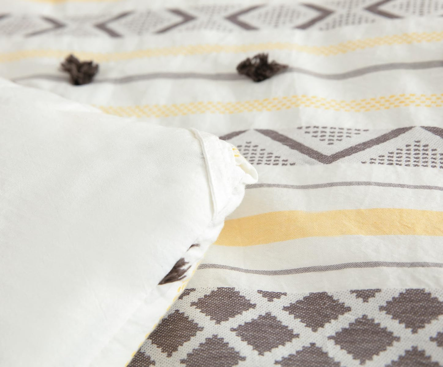 SLEEPBELLA Washed Double Layer Muslin 100% Cotton Comforter Set Queen Size, Yellow Grey Boho Fluffy Thick Checked Bedding Set, Soft Breathable(1 Comforter, 2 Pillow Shams)