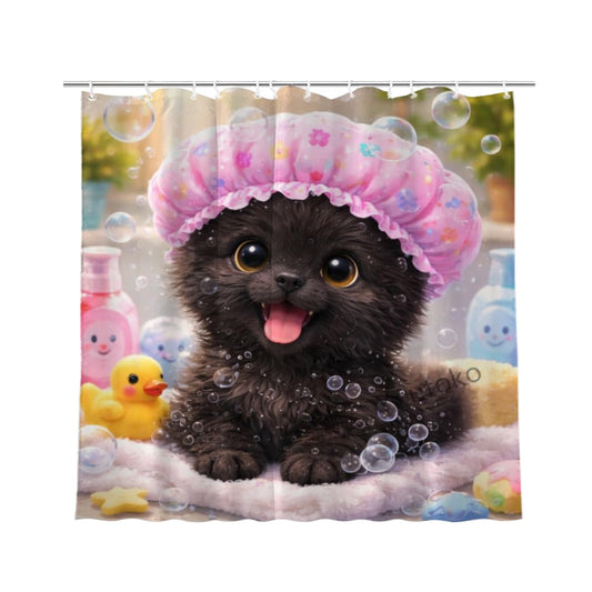 Youtoko Shower Curtain Funny Bath Black Cat Bathroom Decor Bubble Bath Rubber Duck Pink Shower Cap Cute Animal Waterproof Washable with 12 Hooks Polyester 72x72 Inch