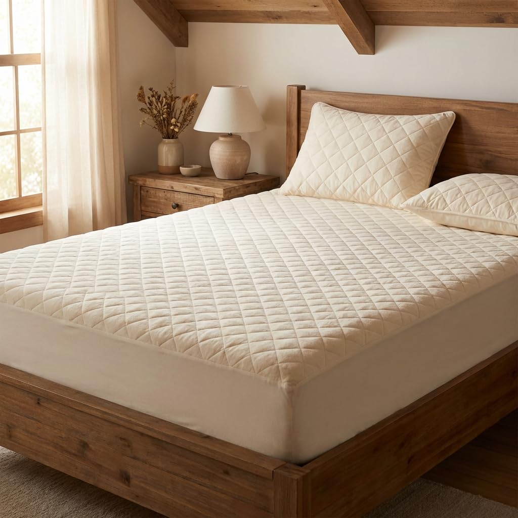 Purevana Waterproof Mattress Protector with Washable Wool Filling, Natural Cotton Top, Breathable, Temperature Regulating, Moisture-Wicking, Washable Cover, Full